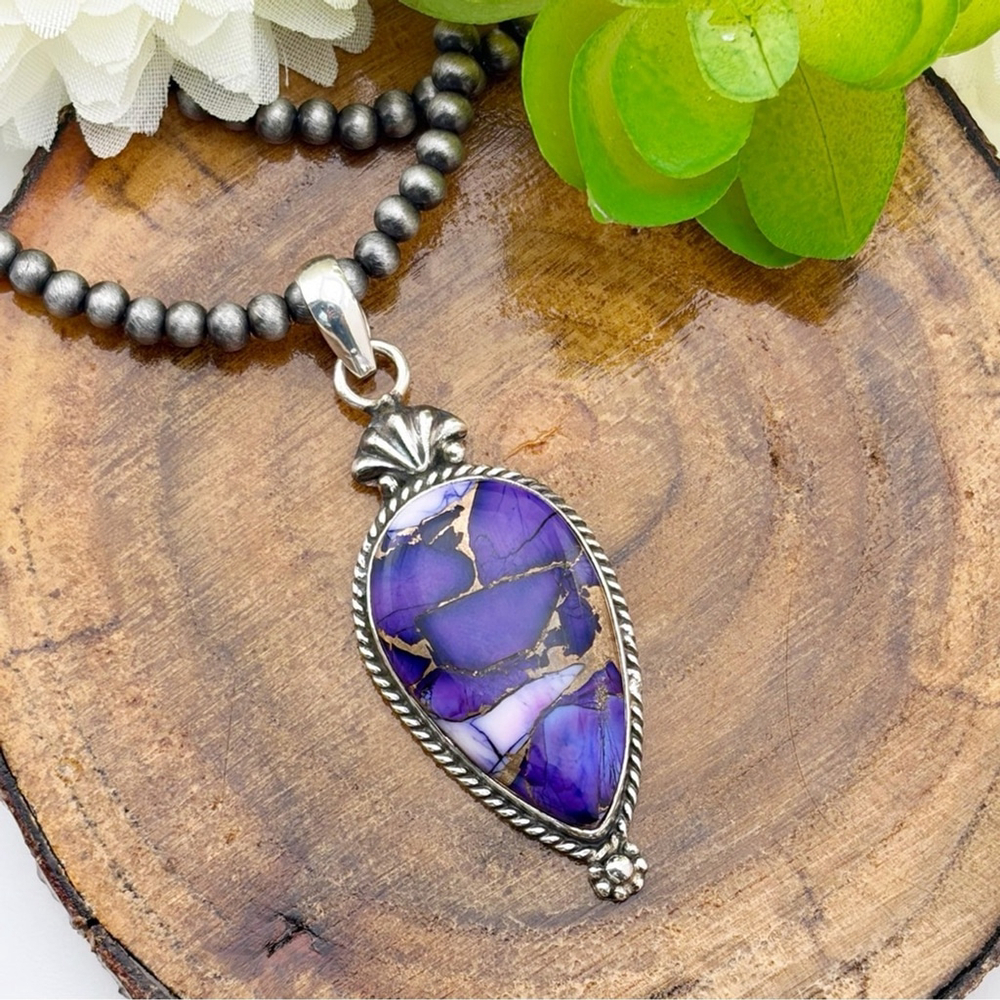 Southwest Boho Purple Copper Turquoise Pendant Navajo Pearl Style Necklace 925